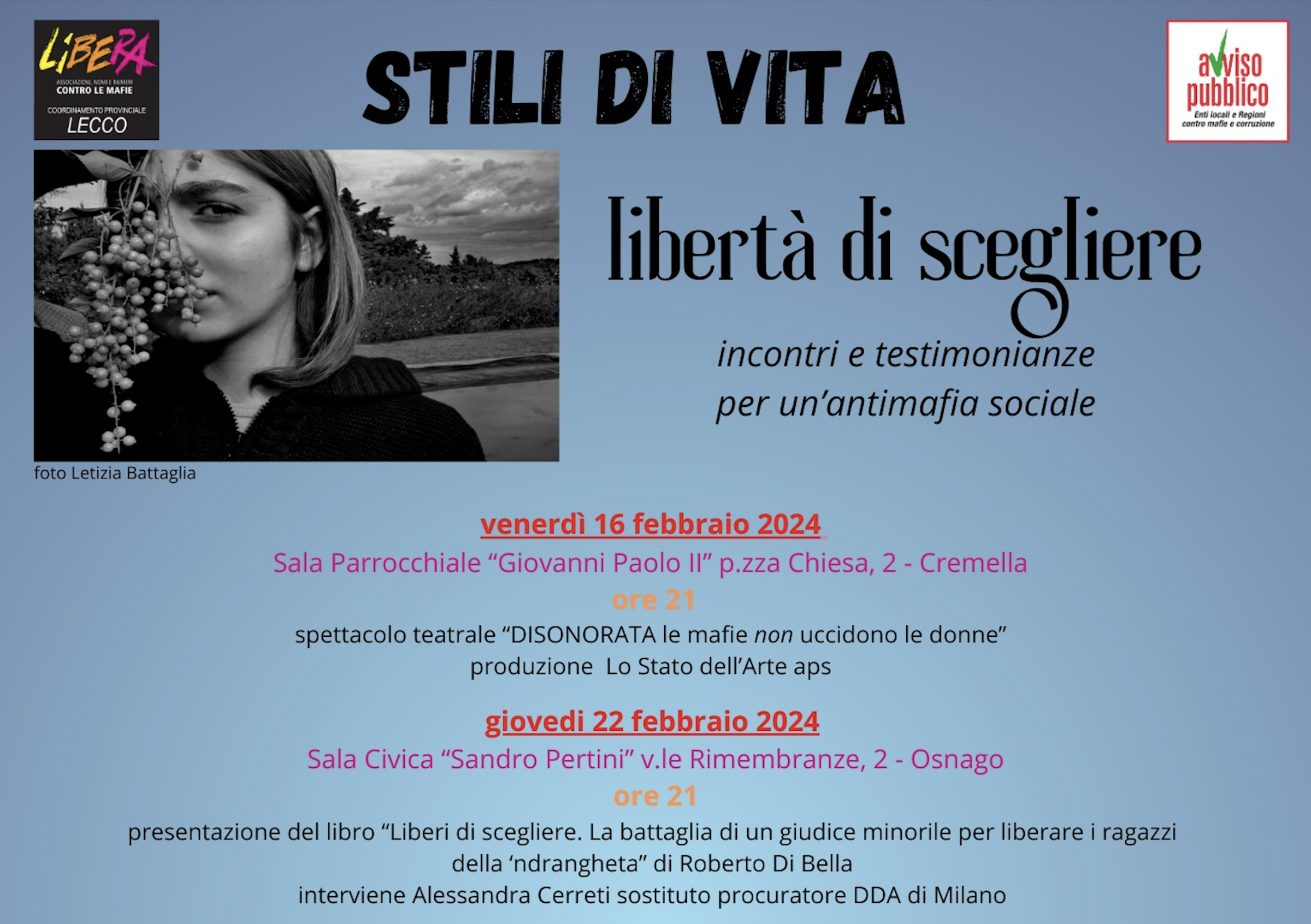 "Libertà di scegliere": dal 16 febbraio al 26 marzo le iniziative in provincia di Lecco di Libera e Avviso Pubblico
